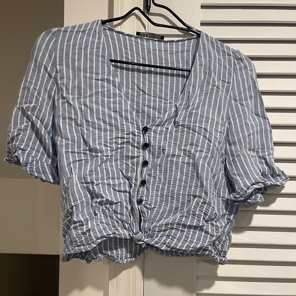 Striped Blue Button-Front Tie Hem Women's Top